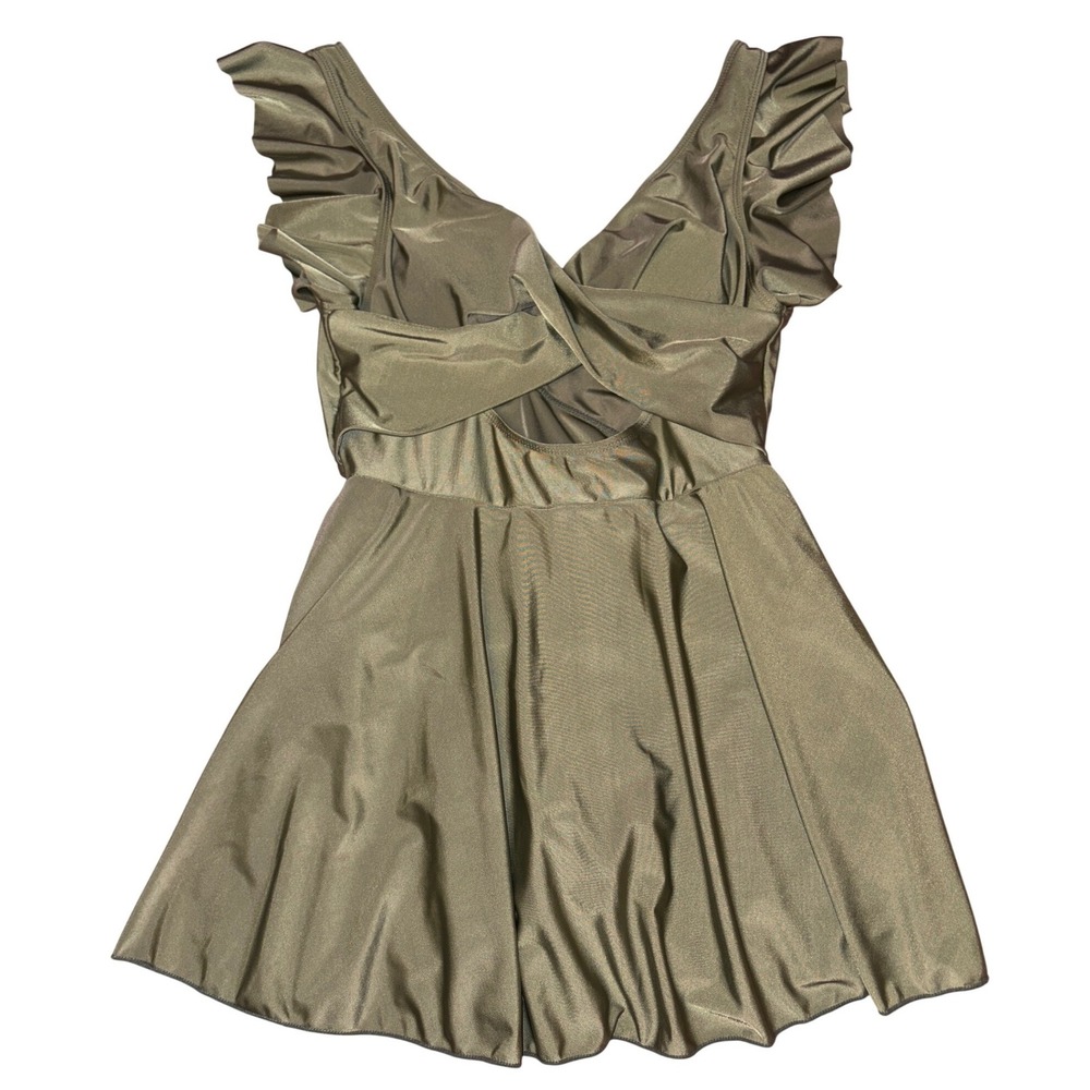 Womens Olive Green Ruffle Swimdress One Piece Cutout Skirted Swimsuit Fits M/L